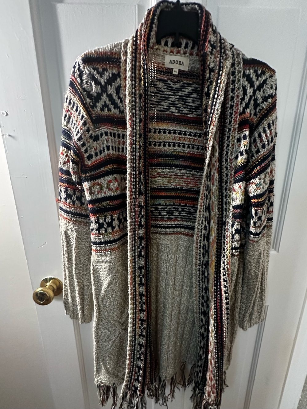 ADORA Cream Multi-Color Patterned Open Front Cardigan with Fringe